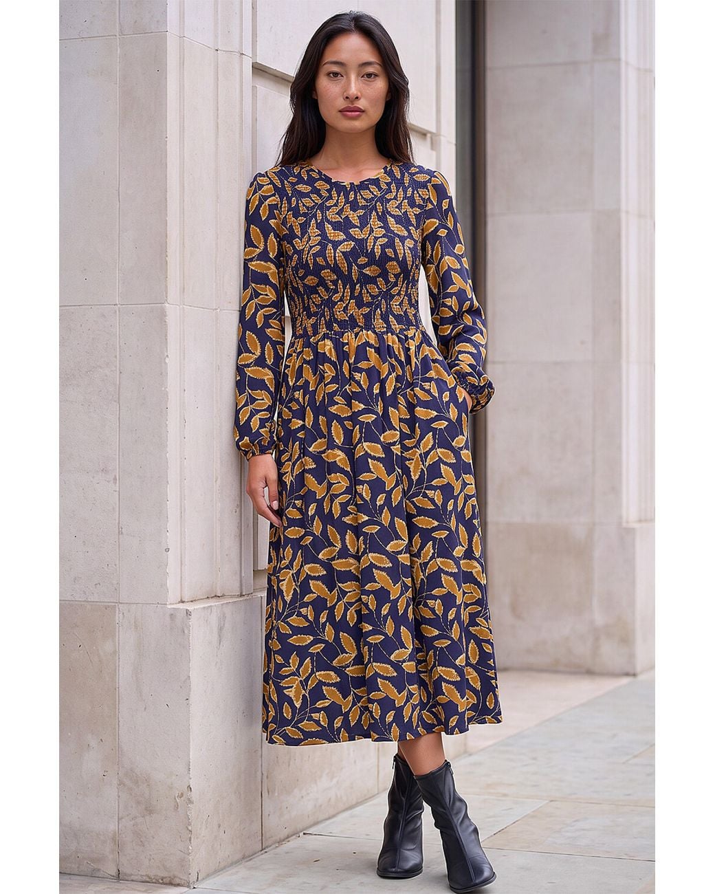 Roman Blue Petite Shirred Bodice Dress