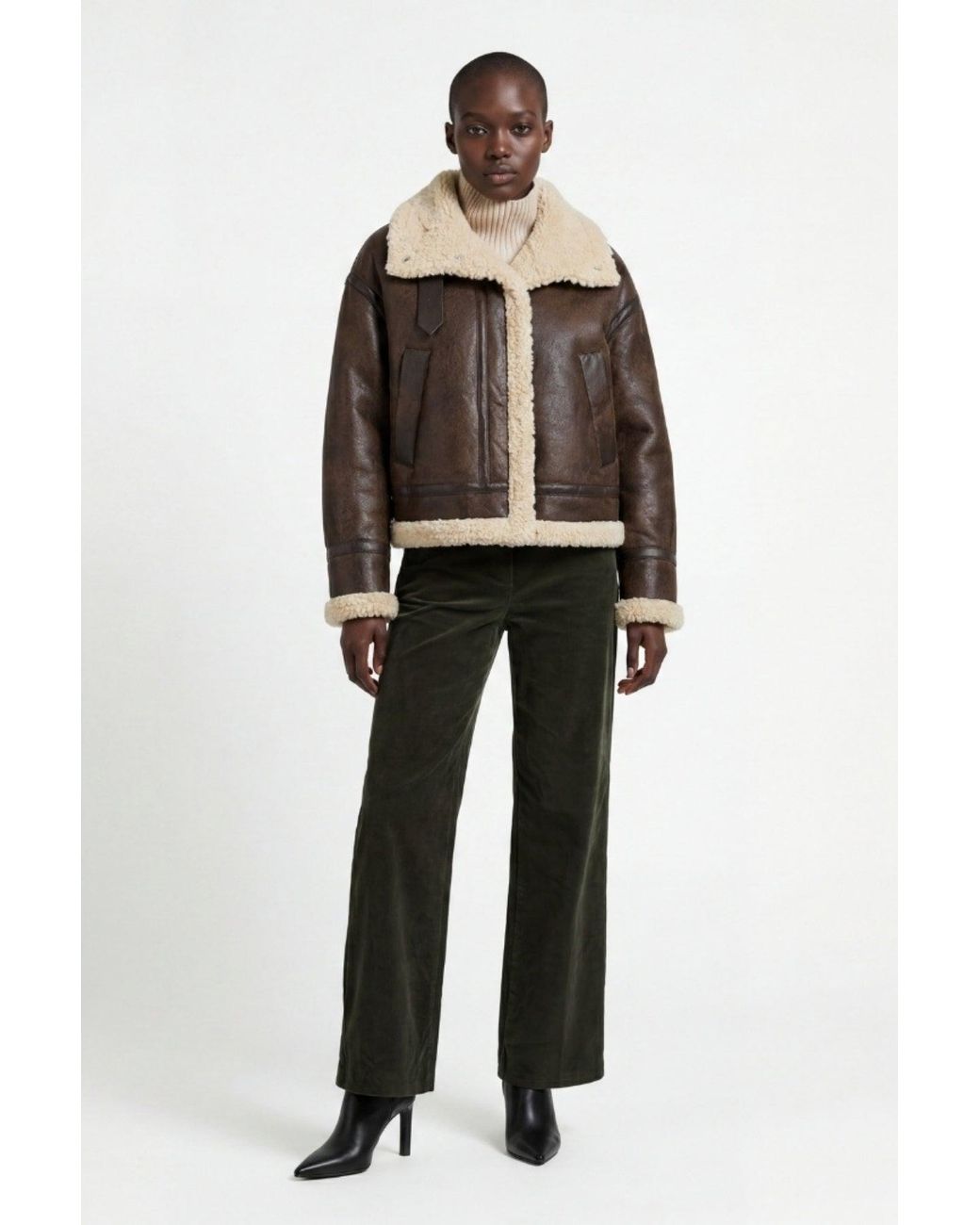 Elle Black Sydney Cropped Faux-Shearling Aviator Jacket