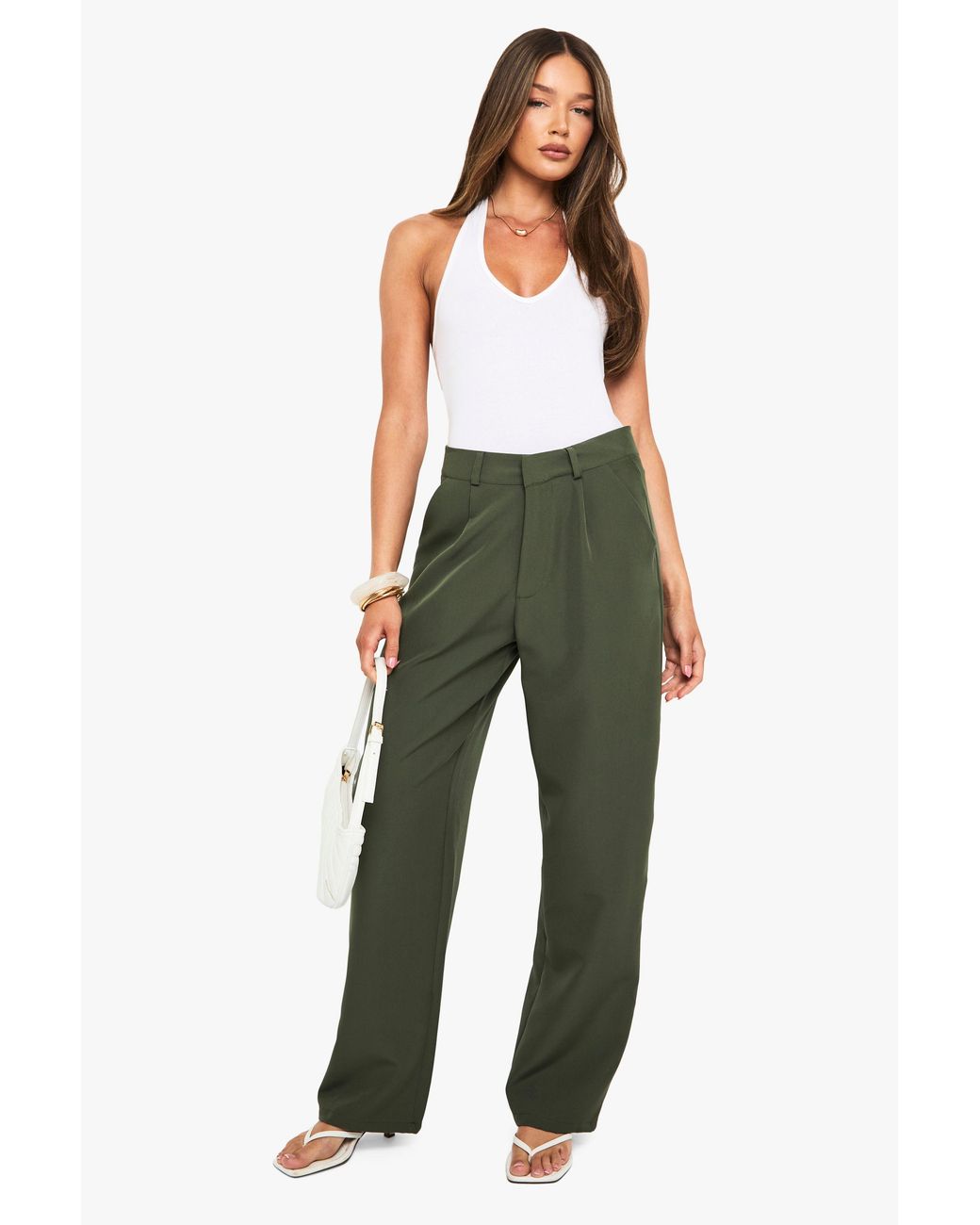 Boohoo Green Pleated Front Woven Straight Leg Trouser
