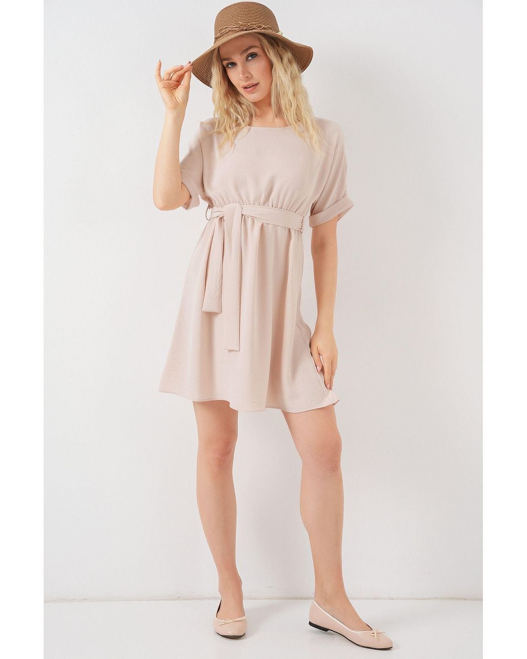 Bigdart Natural Mini Dress With Tie Bow