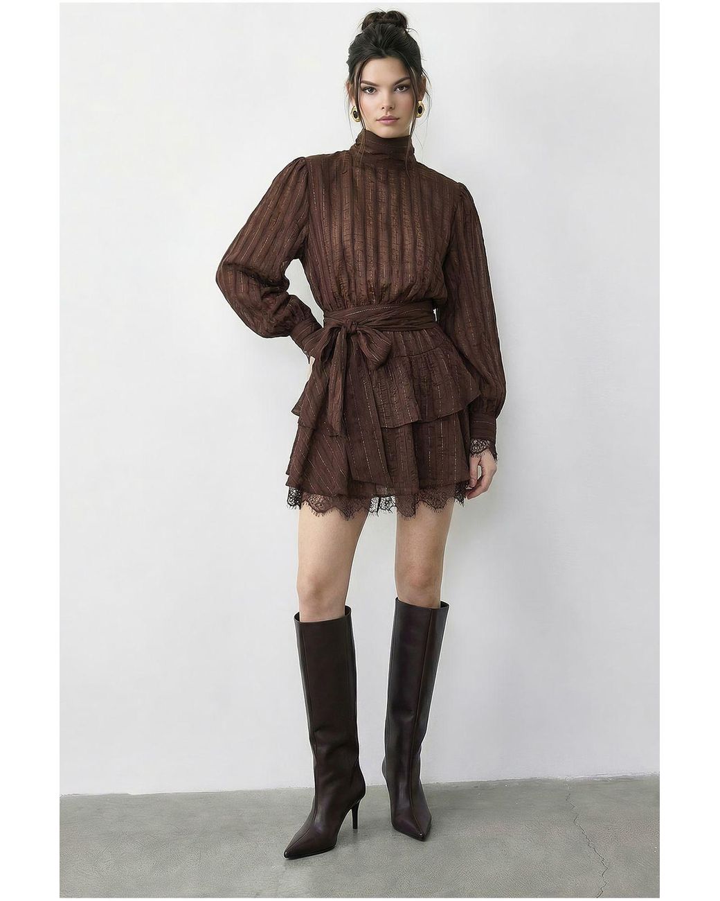 Bianco Lucci Brown Textured Mini Dress With Half Turtleneck And Lace Detail