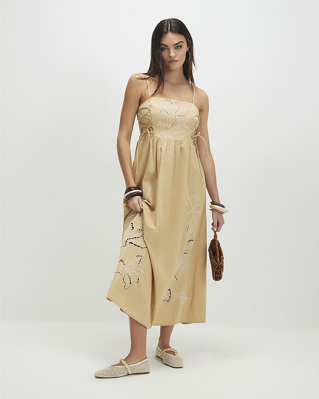 River Island Natural Midi Dress Cotton Broderie Tie Side