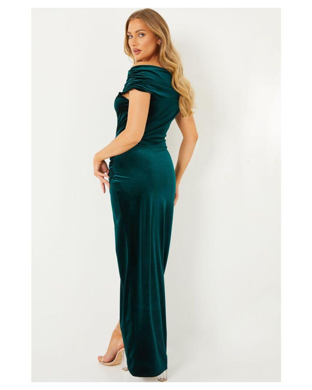 Quiz Green Velvet Bardot Maxi Dress in Blue | Lyst UK