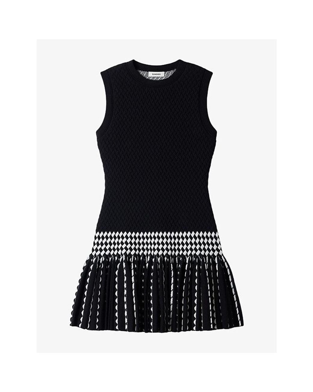 Sandro Black Sleeveless Checked-Hem Knitted Mini Dress
