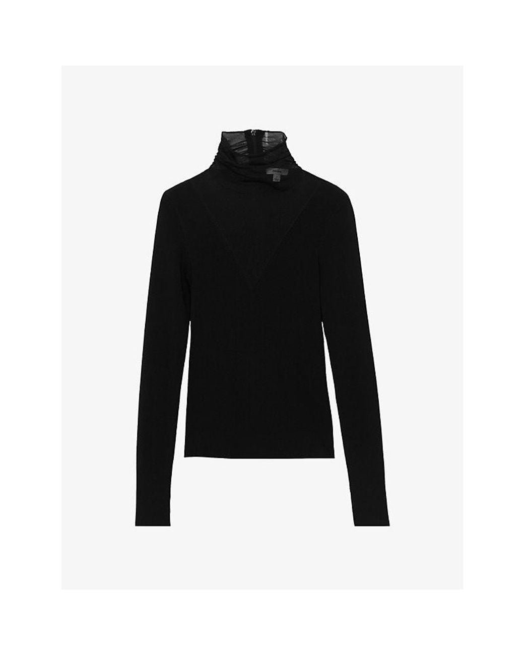 Reiss Black Vanessa Sheer-Panel Stretch-Woven Top