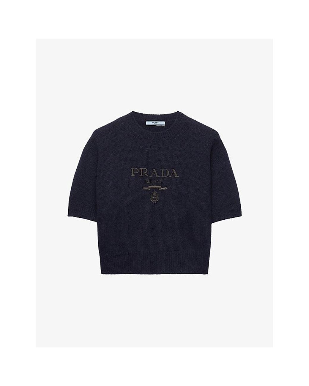 Prada Blue Logo-Intarsia Cashmere-Wool Blend Knitted Jumper