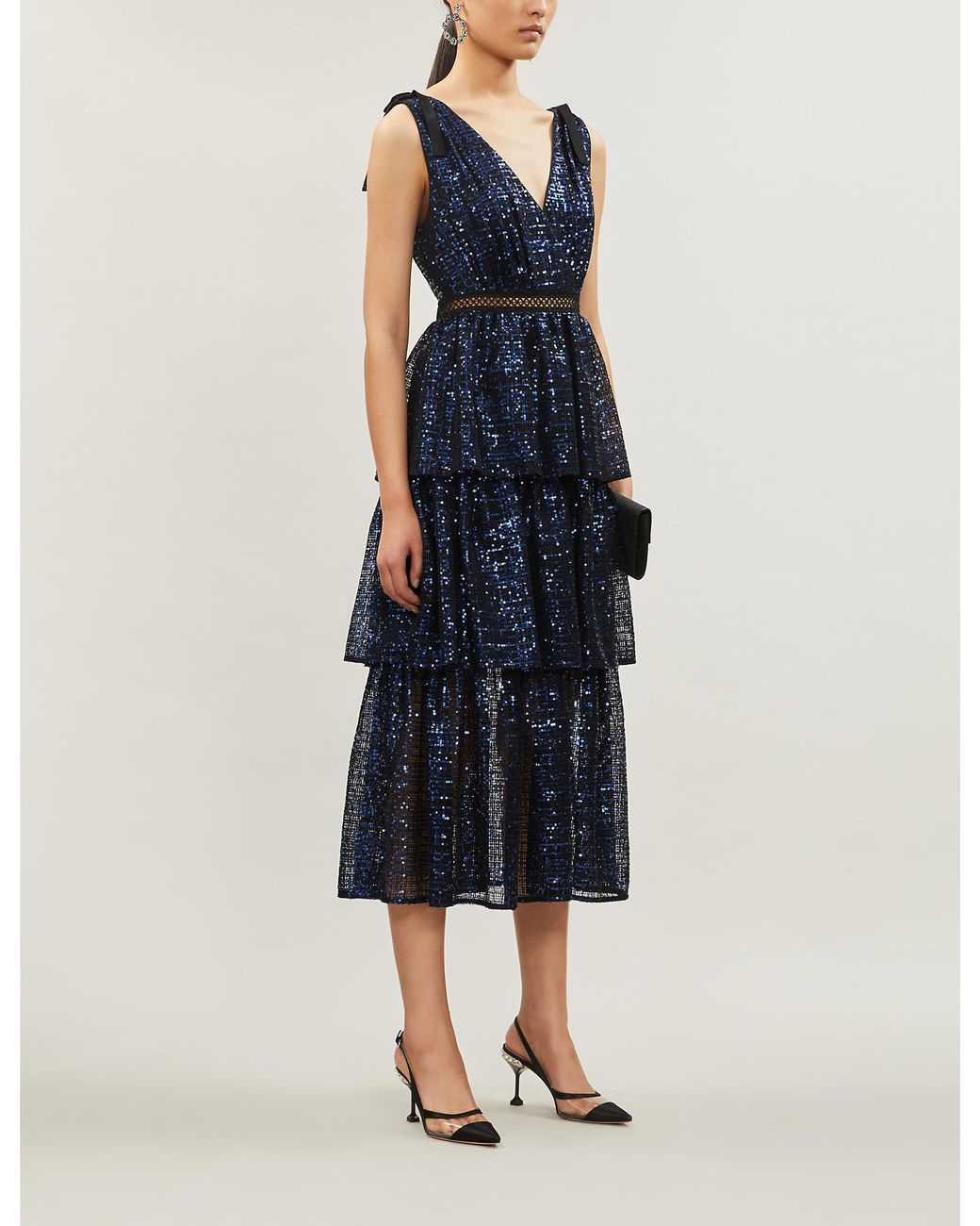 Self-Portrait Black Sequin-embellished Mesh Midi Dress in Blue | Lyst