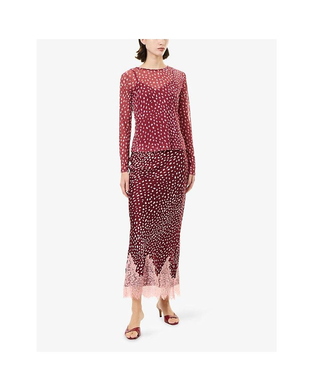 Never Fully Dressed Red Deer-Print Sheer Mesh Top