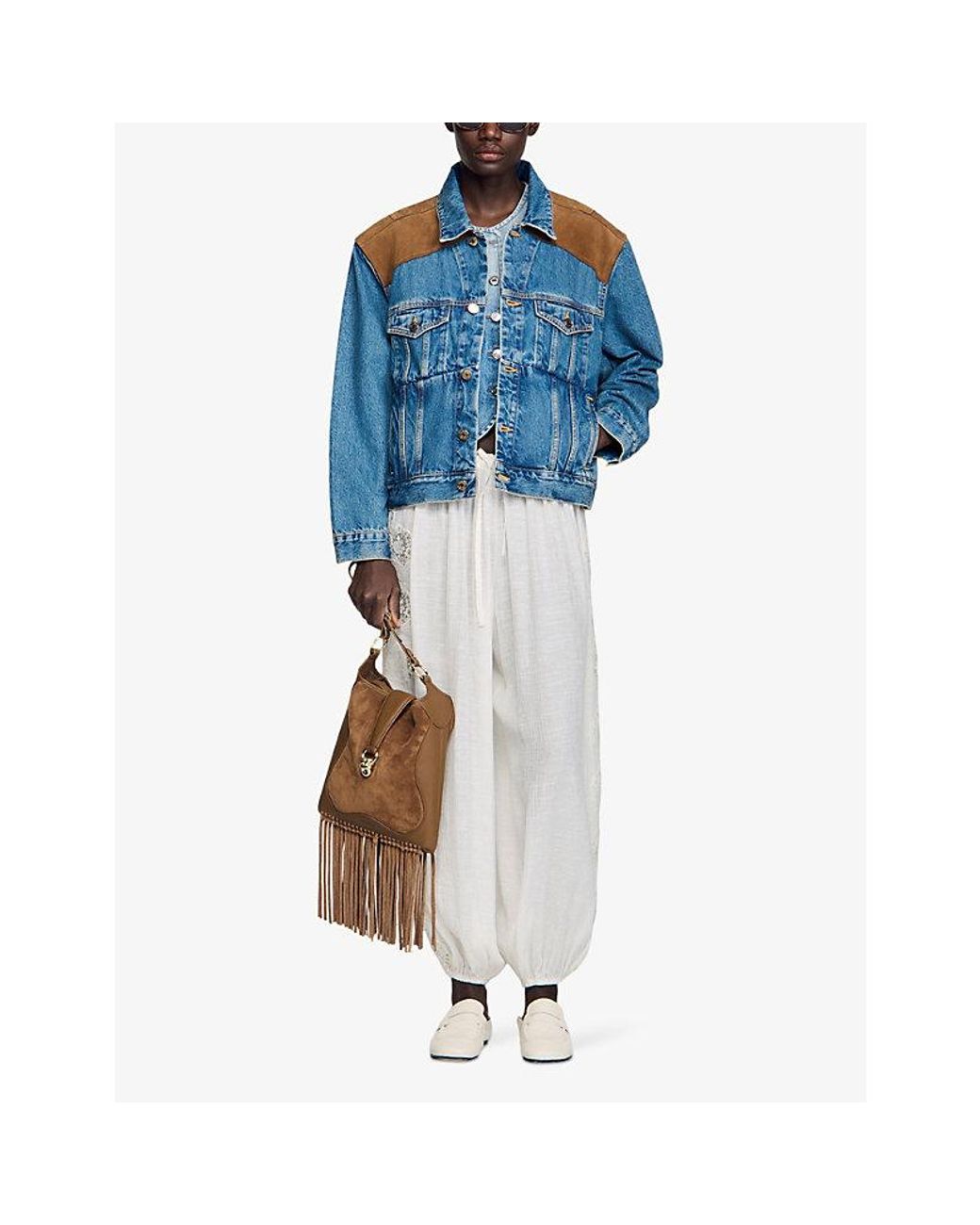Sandro Blue Panelled Relaxed-Fit Denim And Suede Jacket