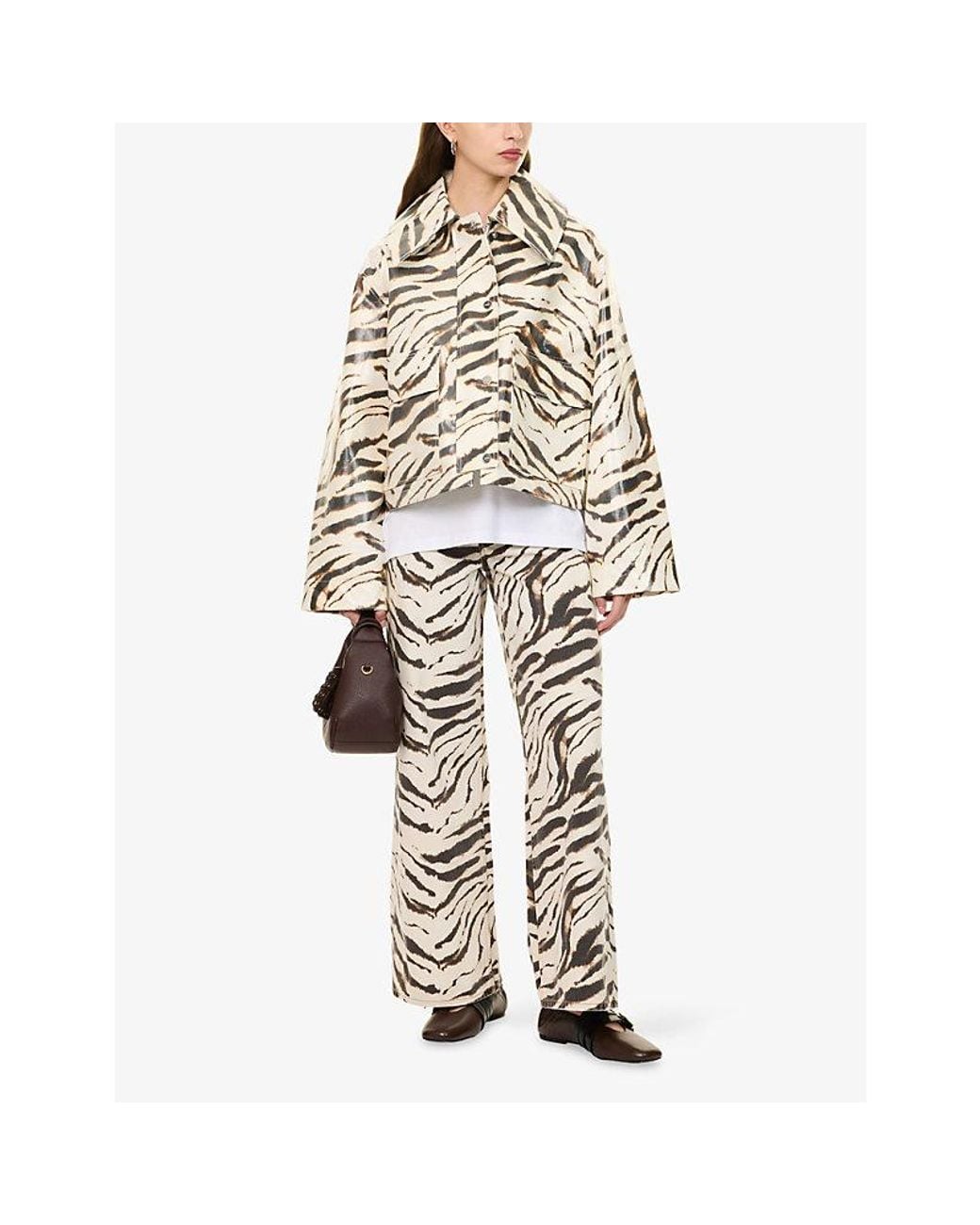 Ganni White Laminated Zebra-Pattern Cotton-Blend Jacket