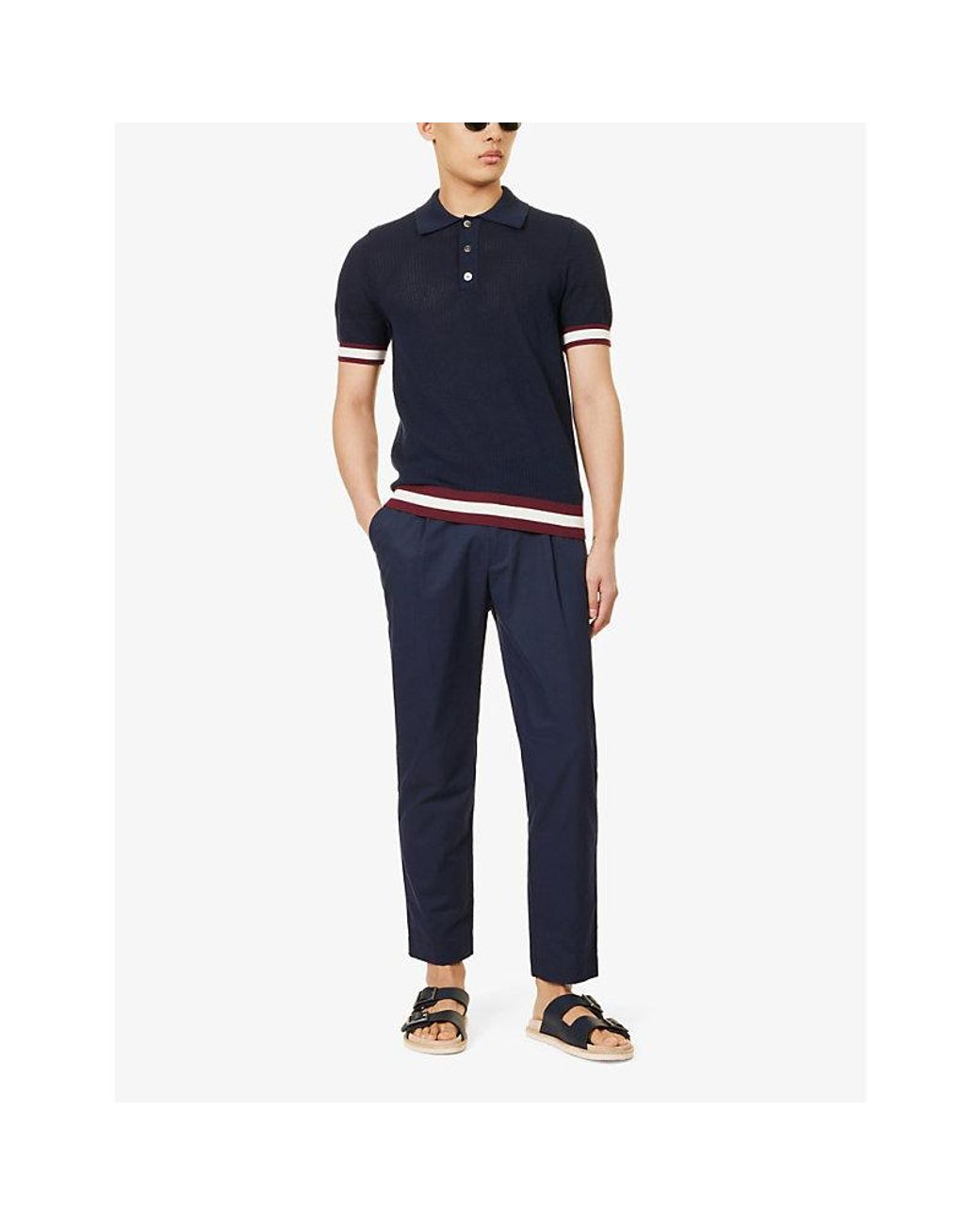 CHE Blue Quinn Stripe-Trimmed Cotton-Knit Polo Shirt for men