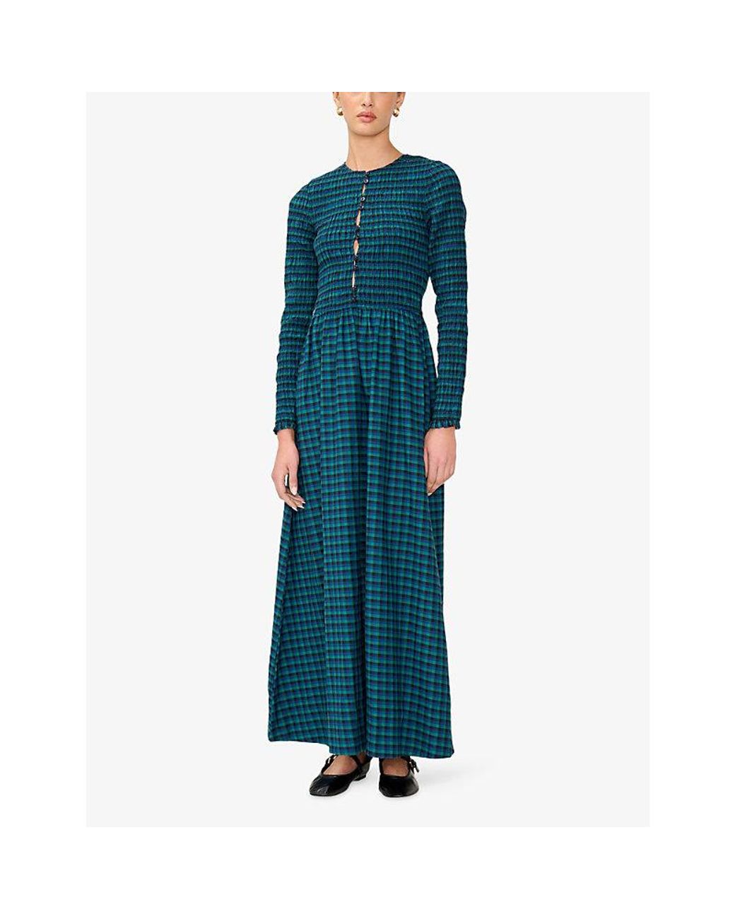 OMNES Blue Mina Checked Cotton Maxi Dress