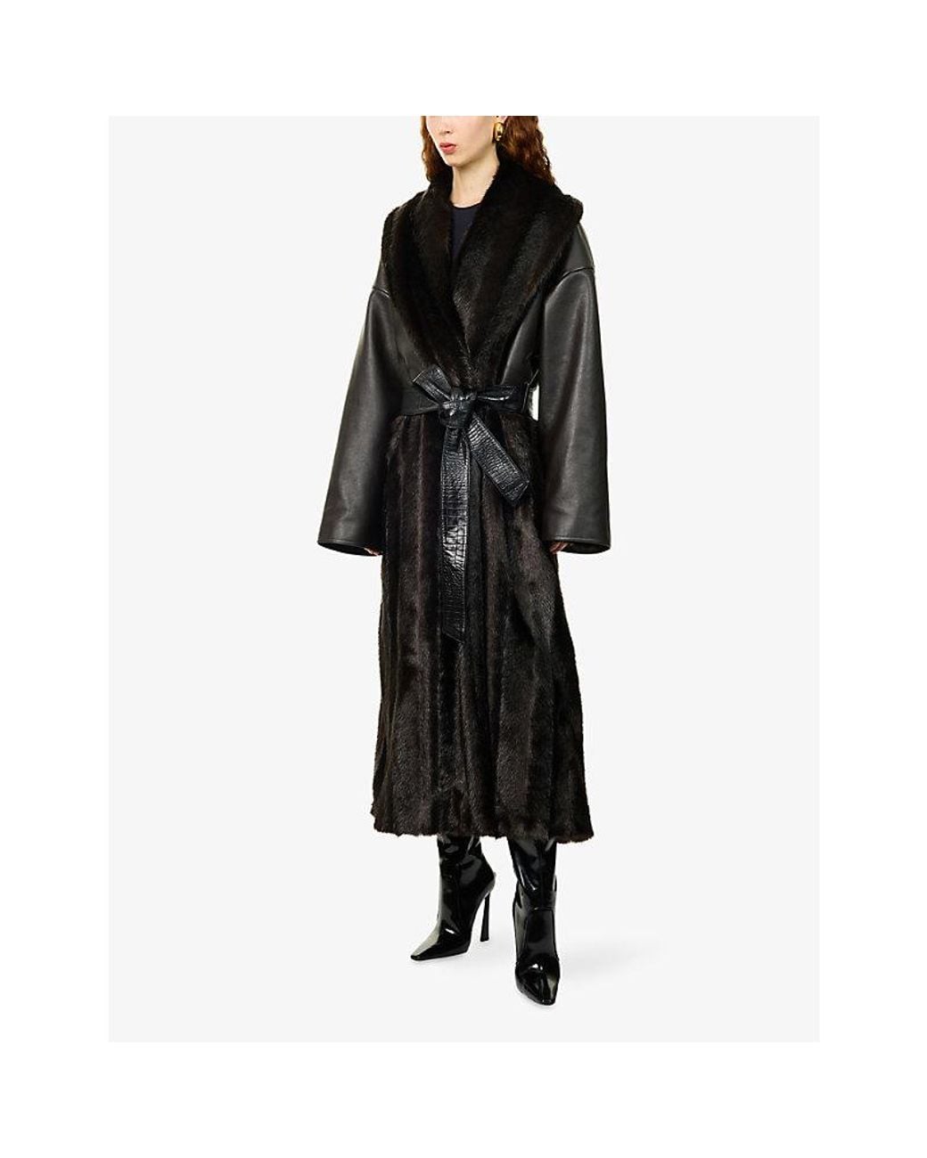 Magda Butrym Black Longline Leather-Belted Faux-Fur Coat