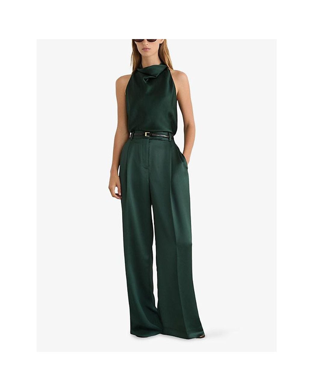 Reiss Green Zadie Wide-Leg High-Rise Satin Trousers