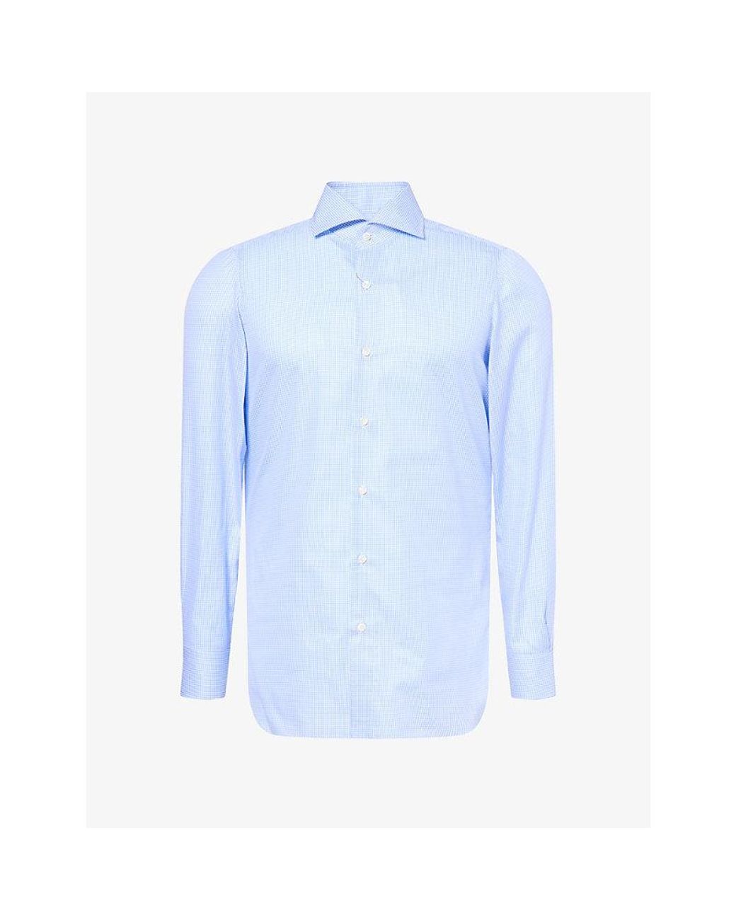 Finamore 1925 Blue Gingham-Print Long-Sleeve Cotton-Poplin Shirt for men