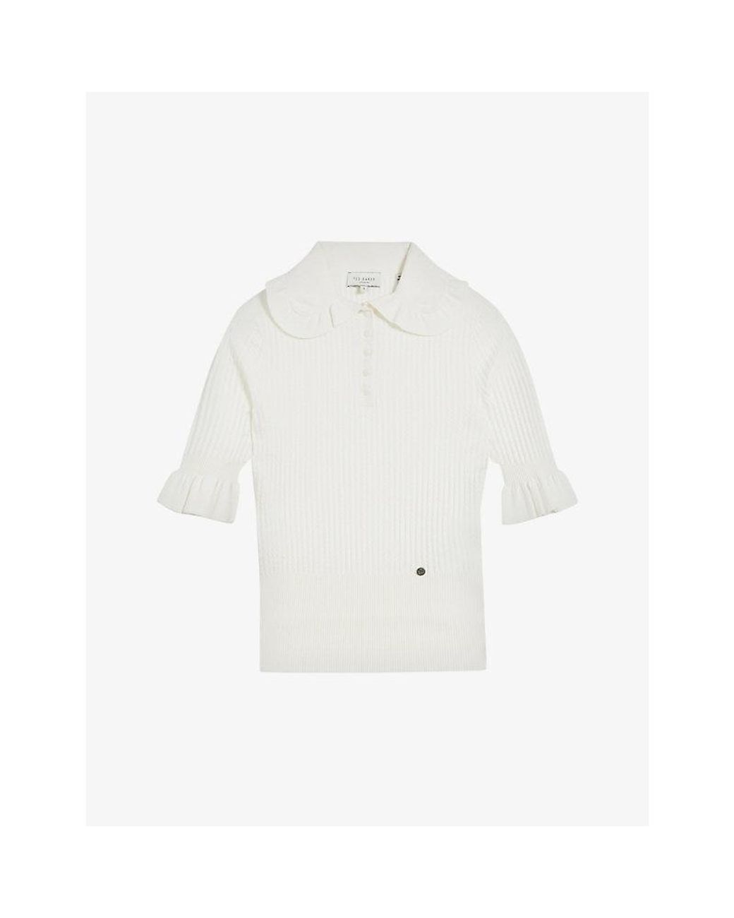 Ted Baker Kebella Frilled-collar Ribbed-knit Polo Shirt in White | Lyst