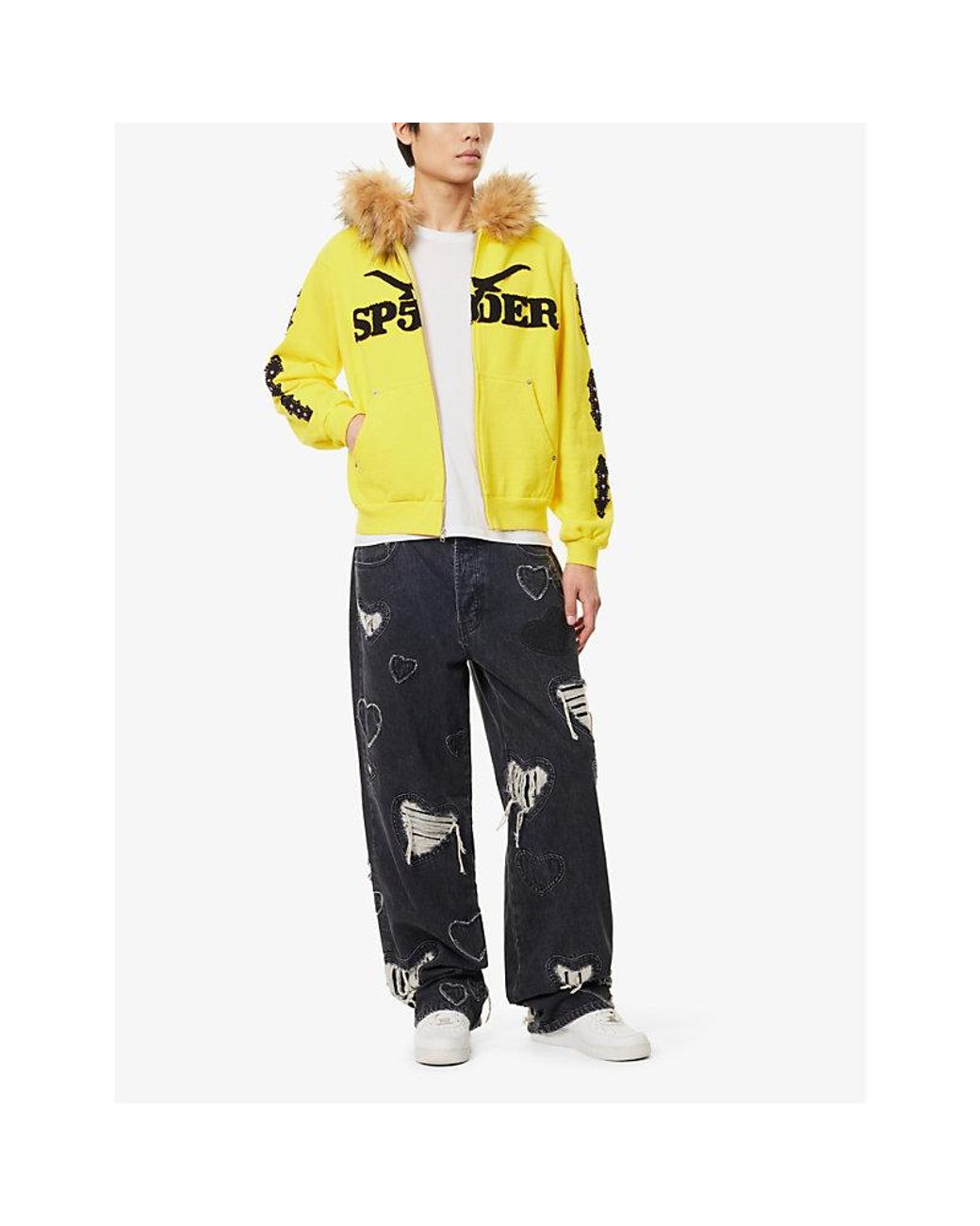 Sp5der Faux-Fur Hood Branded Cotton-Jersey Hoody in Yellow for Men