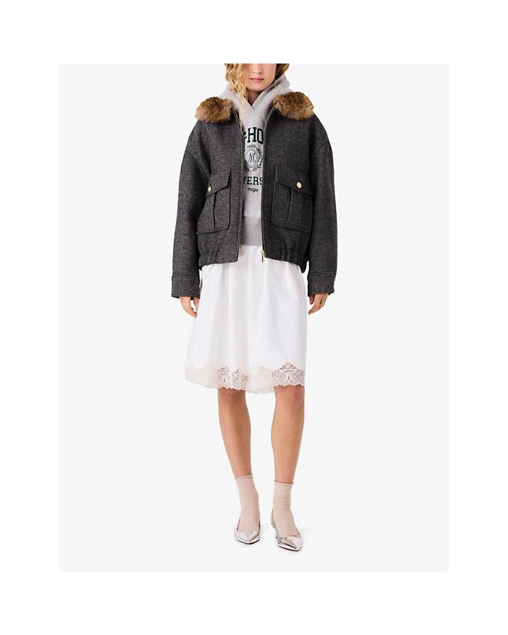 Maje Gray Faux Fur-Collar Herringbone Wool-Blend Jacket