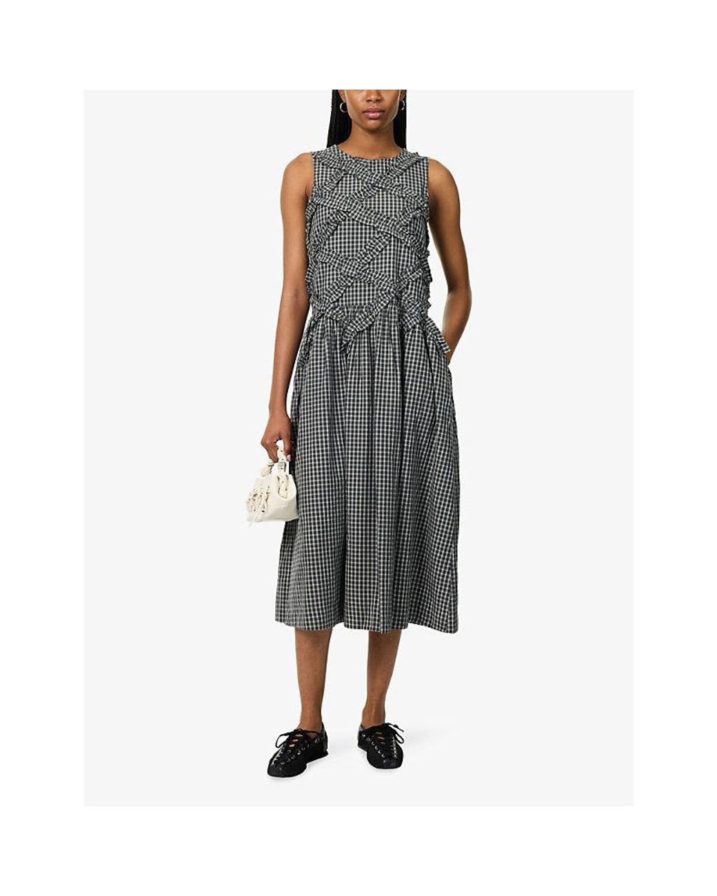 Damson Madder Gray Elora Check-Print Cotton Midi Dress