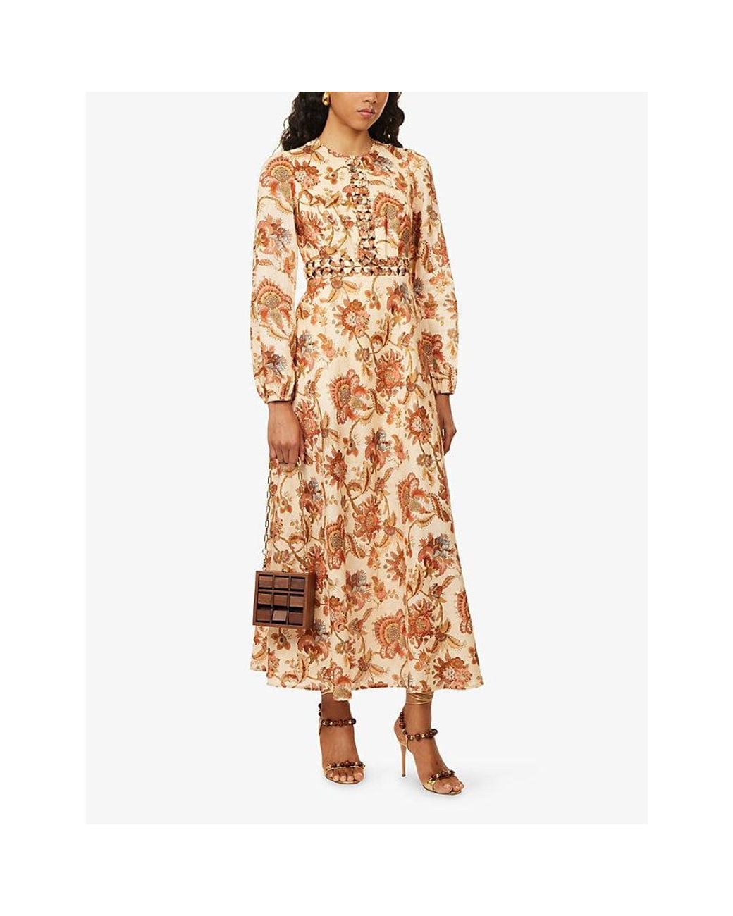 Zimmermann Metallic Aster Long-Sleeve Linen Midi Dress