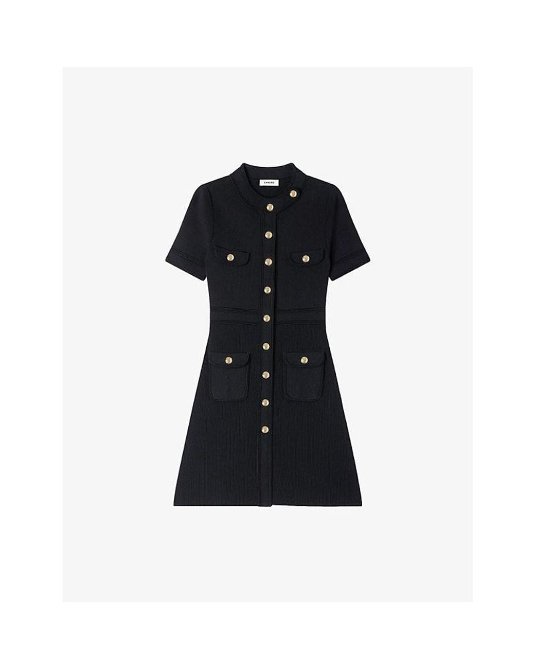 Sandro Black Short-Sleeved Button-Up Knitted Mini Dress