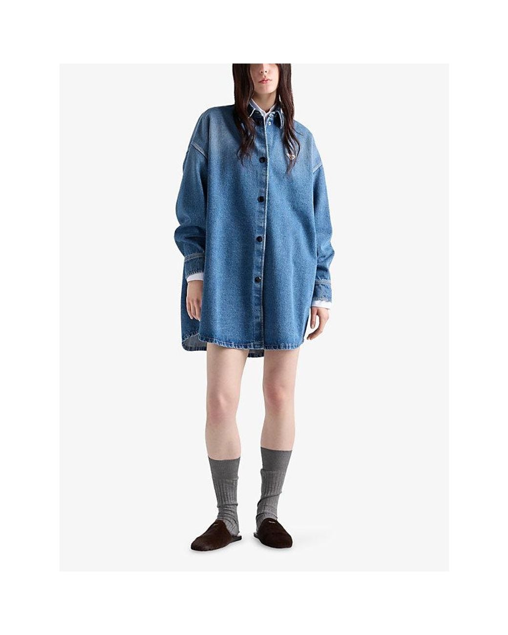 Prada Blue Triangle-Logo Long Denim Shirt