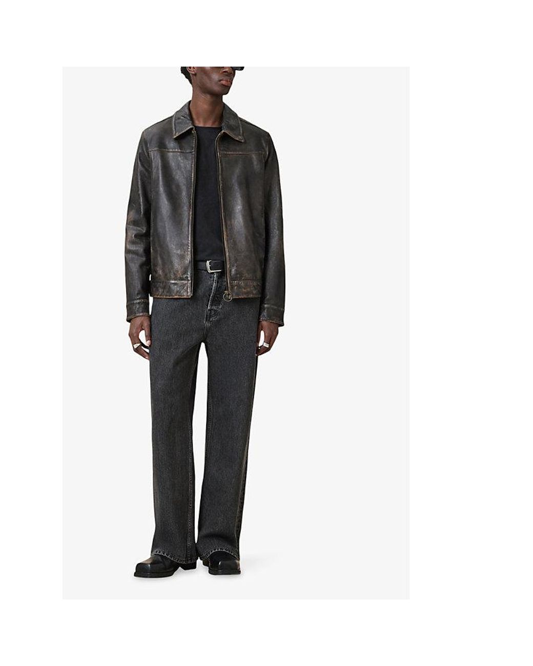 AllSaints Black Alkan Regular-Fit Zip-Up Leather Jacket for men