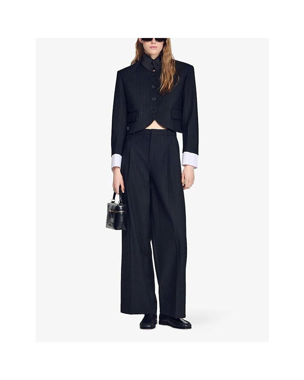 Sandro Black Pinstriped Cropped Woven Jacket