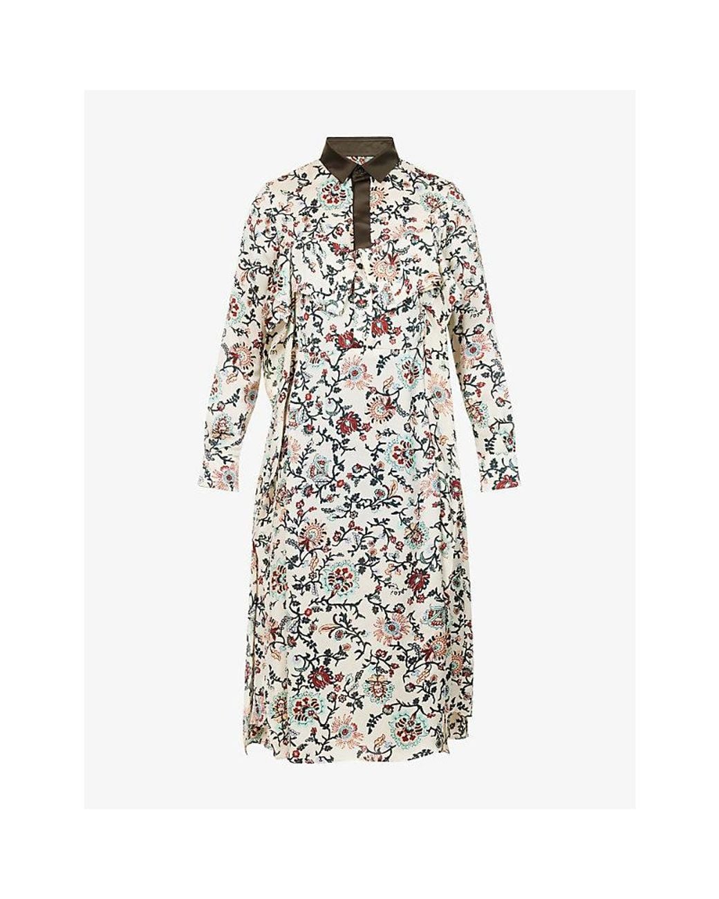 Sacai White Florla-Print Satin-Collar Woven Midi Dress