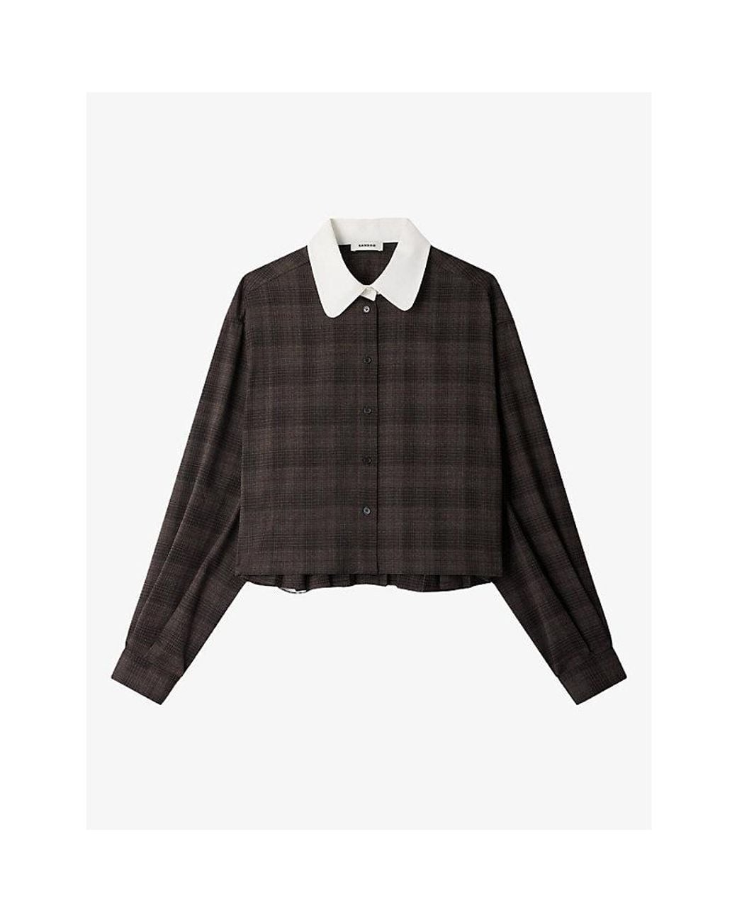 Sandro Black Contrast-Collar Checked Woven Shirt