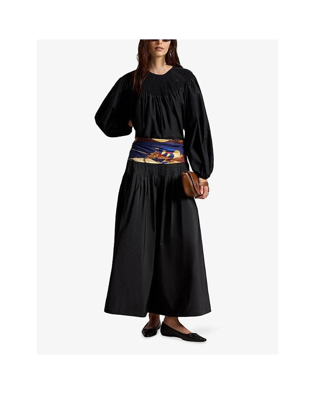 Polo Ralph Lauren Black Pleated Oversized Silk-Cotton Blend Blouse