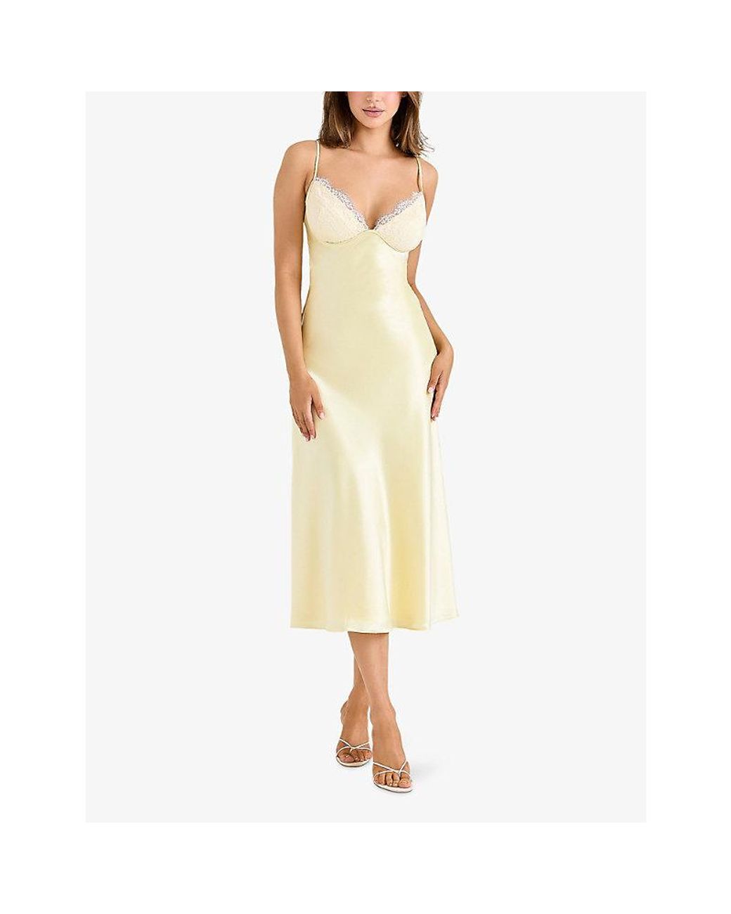 House Of Cb Yellow Felicity Floral-Print Satin Midi Dress Xs (A-C Cup)
