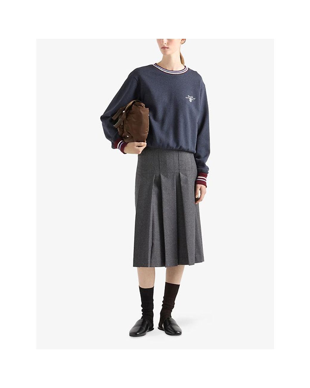 Prada Blue Logo-Embroidered Crewneck Cotton-Fleece Sweatshirt