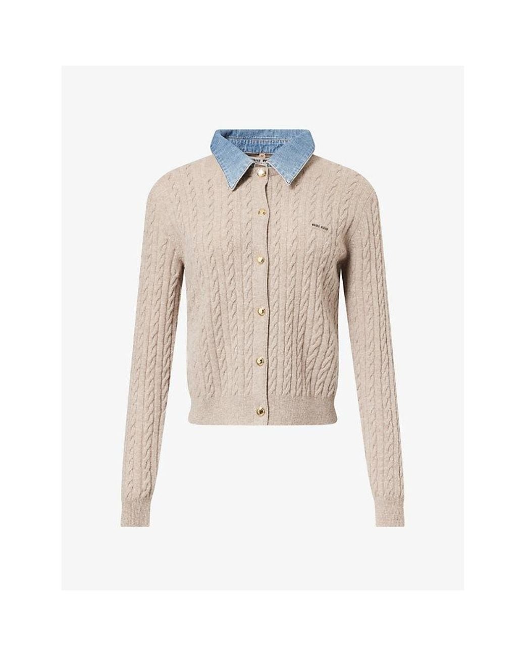 Miu Miu Natural Contrast-Collar Wool And Cashmere-Blend Cardigan