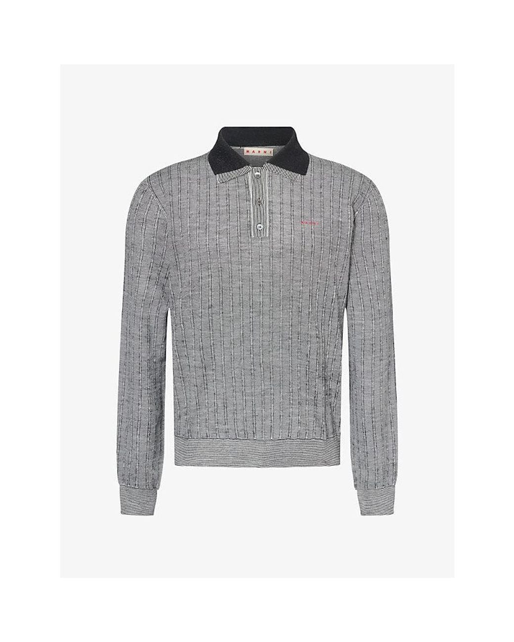 Marni Gray Logo-Embroidery Long-Sleeve Wool Polo Knit for men