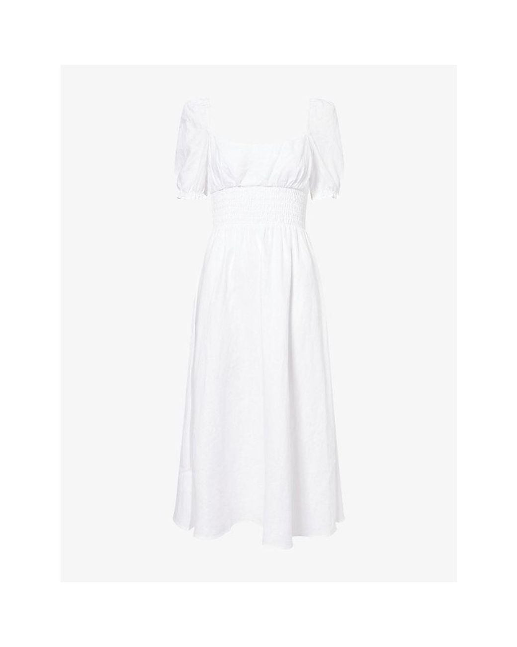 Reformation White Adler Puff-Sleeve Linen Midi Dress