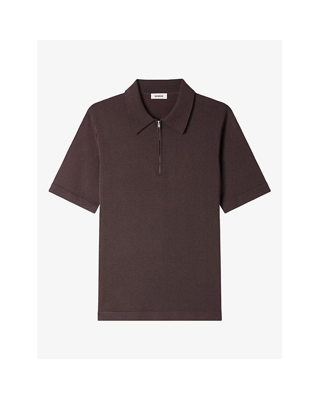 Sandro Brown Zipped Stretch-Woven Polo Shirt for men