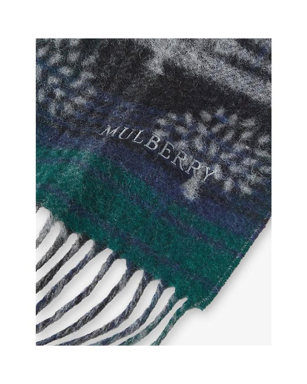 Mulberry Blue Heritage Check And Tree Wool Scarf