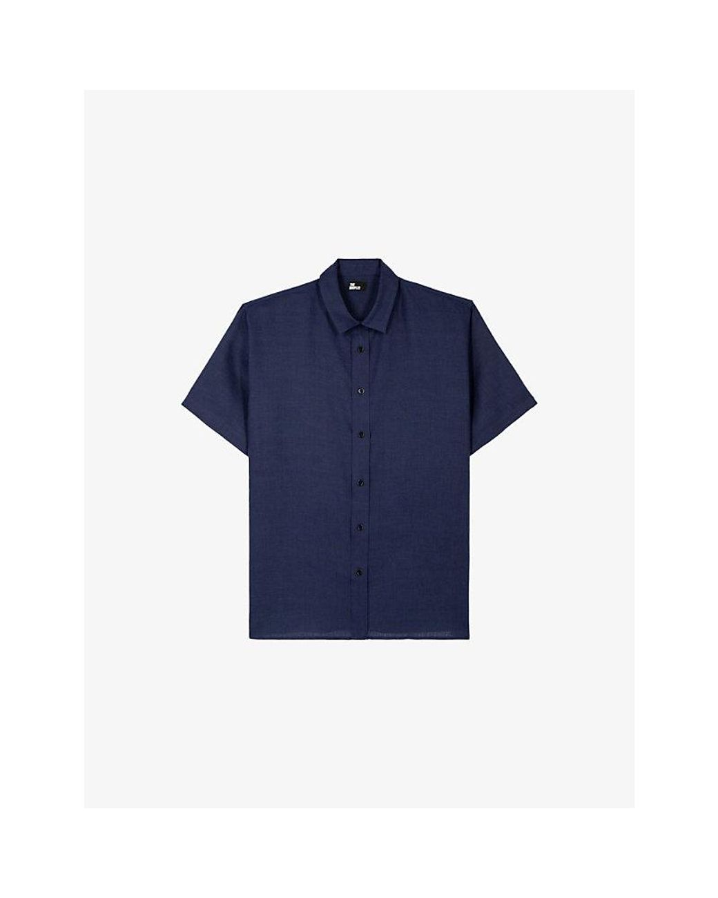 The Kooples Blue Short-Sleeved Brand-Embroidered Linen Shirt for men