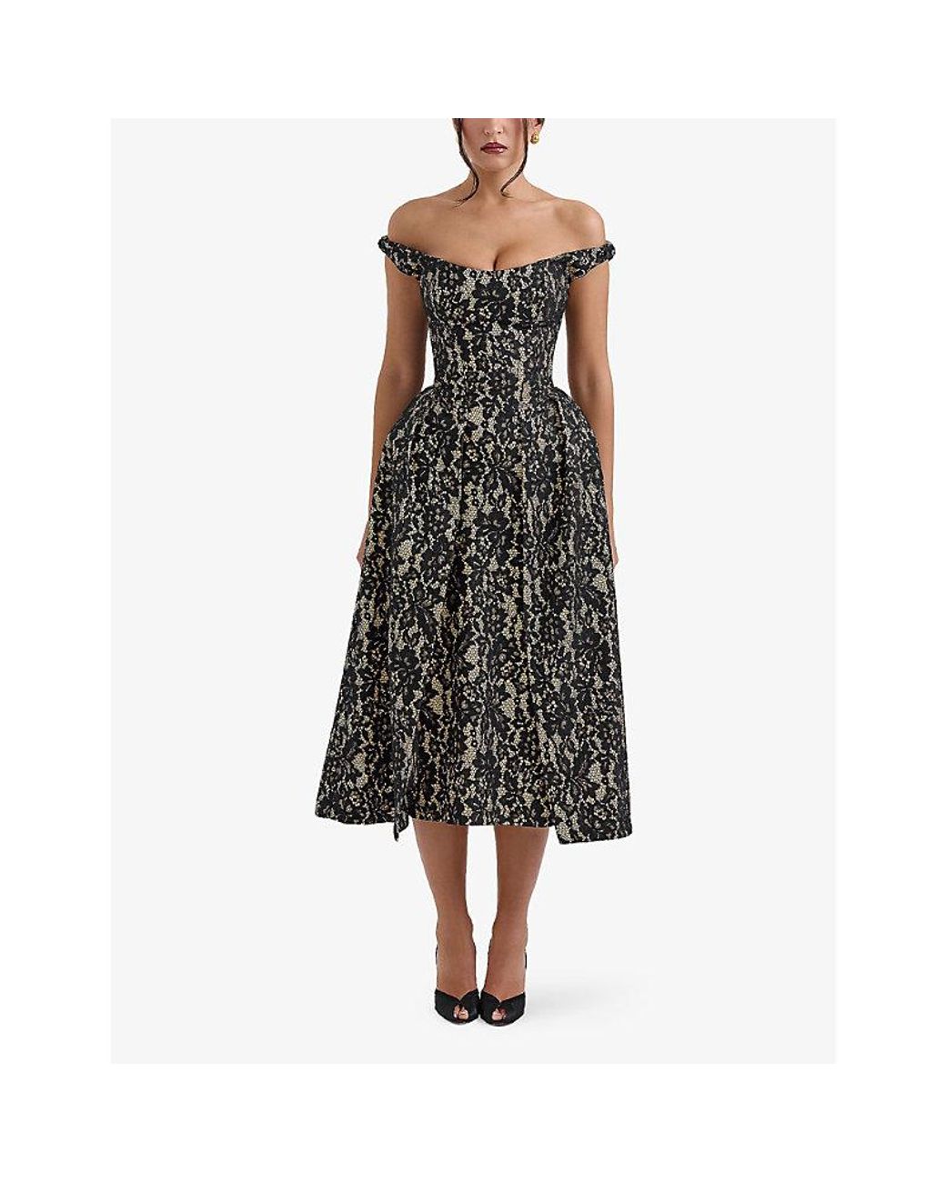 House Of Cb Black Charming Off-Shoulder Lace Midi Dress
