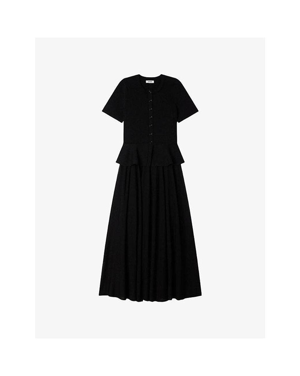 Sandro Black Peplum Short-Sleeved Knitted Maxi Dress