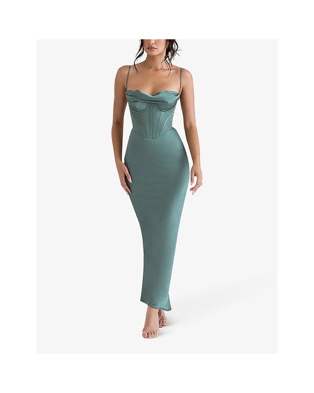 House Of Cb Green Charmaine Corset Satin Maxi Dress