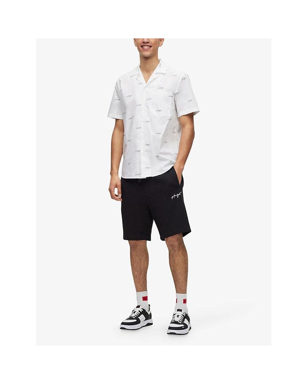 HUGO White Leisure Logo-Print Relaxed-Fit Cotton Poplin Shirt for men