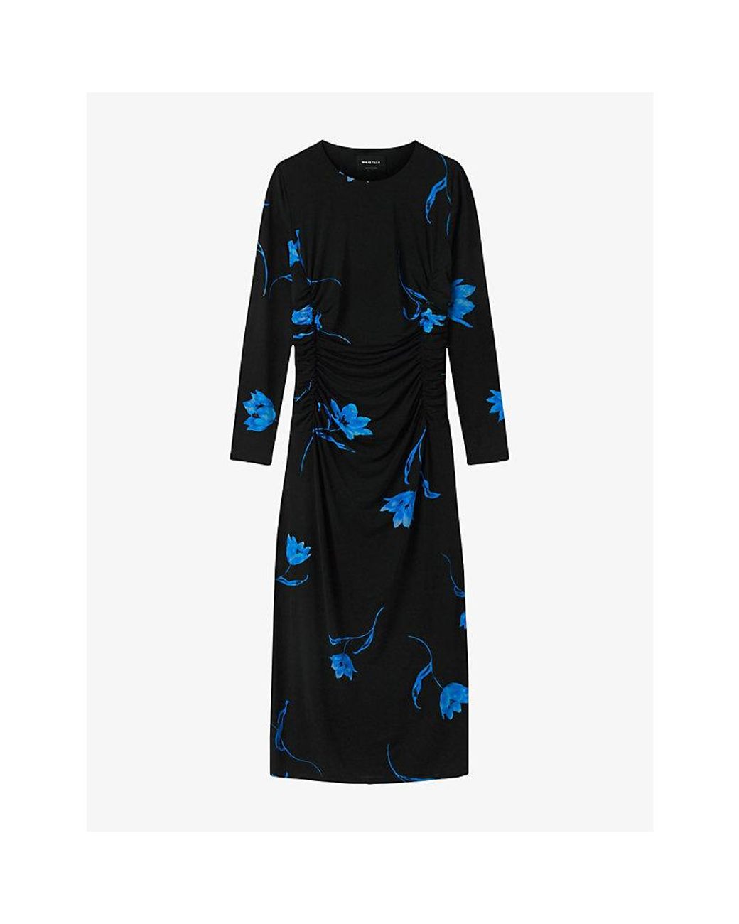 Whistles Black Floral Ruched Jersey Midi Dress