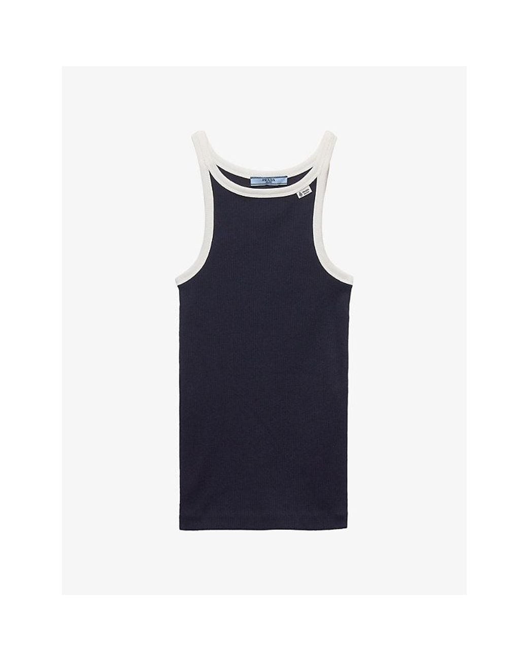 Prada Blue Contrast-Trim Ribbed Cotton Tank Top