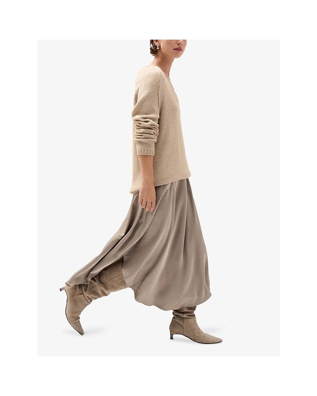 The White Company Brown Curved-Hem High-Rise Satin Midi Skirt