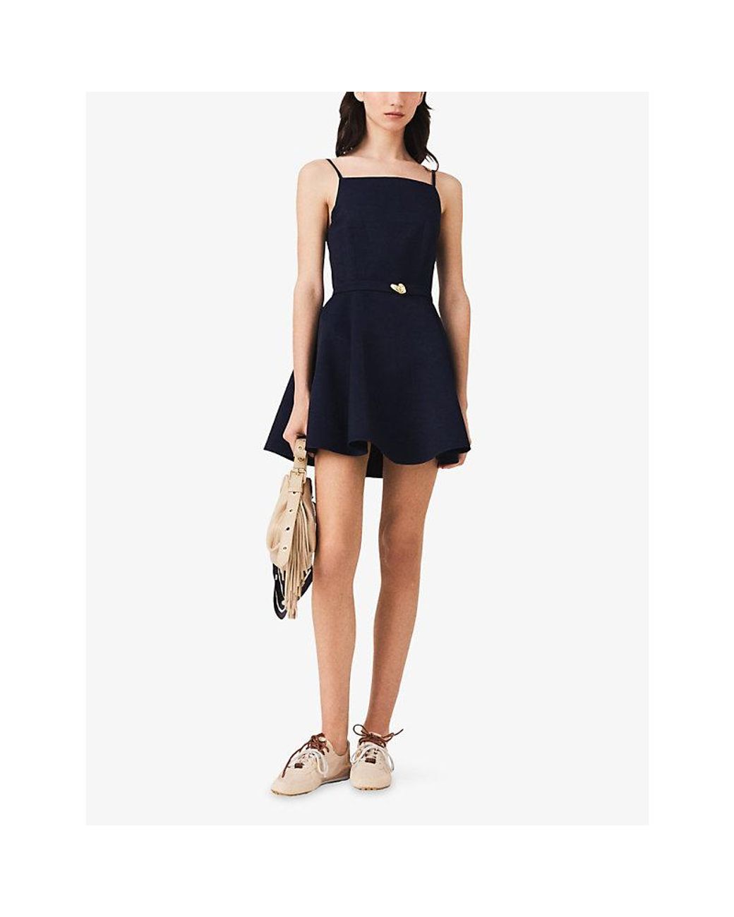 Maje Blue Square-Neck Belted Woven Mini Dress
