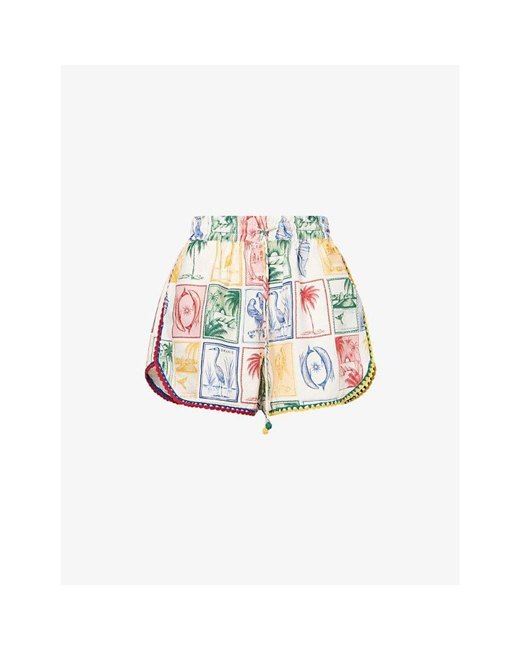 Farm Rio White Brasil Vintage Embroidered-Trim Linen-Blend Shorts