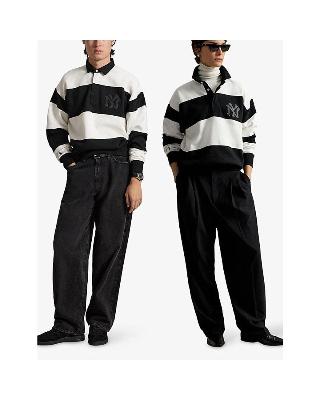 Polo Ralph Lauren Black Yankees Striped Cotton-Blend Fleece Rugby Shirt for men