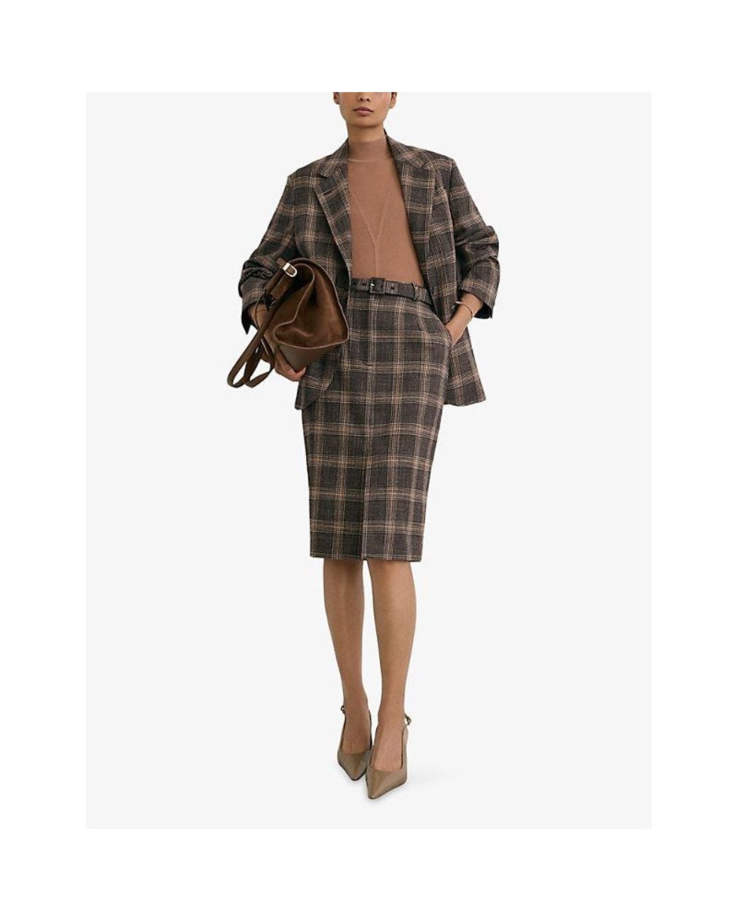 Reiss Gray Sandor Checked Wool-Blend Midi Skirt
